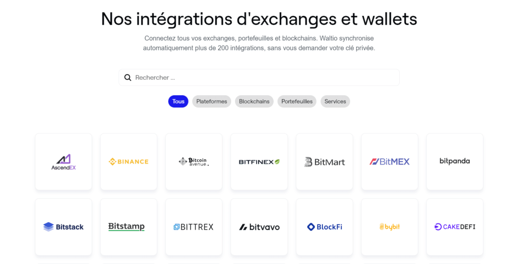 Exchanges et plateformes supportées par Waltio
