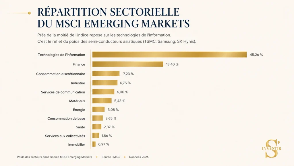 Quel ETF choisir pour débuter ? 6 répartition sectorielle msci emerging markets