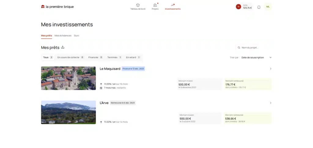 Mon Avis La première Brique après 3 ans et 1 000 € investis 9 Projets dans lesquels j'ai investi sur La Première Brique