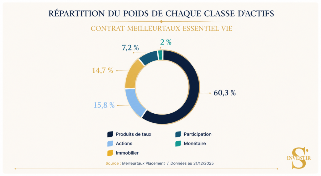 Mon avis Meilleurtaux Essentiel Vie : faut-il choisir cette assurance-vie ? 2 Répartition classe actifs Meilleurtaux Essentiel Vie