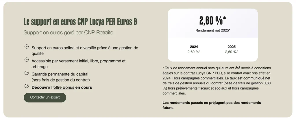 PER Lucya CNP : mon avis complet 3 Support en euros pour retraite CNP
